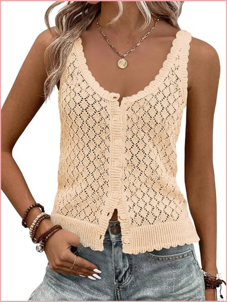 Sleeveless Crochet Knit Button Down Tank Top Boho Sweater Vest